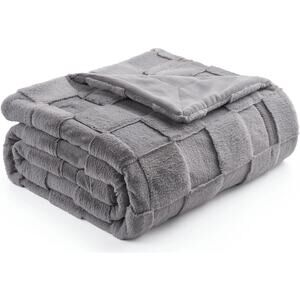Cozy Bliss Checkered Faux Rabbit Fur Grey Throw Blanket